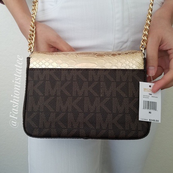 NWT MICHAEL KORS TINA SMALL CLUTCH BROWN CROSSBODY - Picture 2 of 8